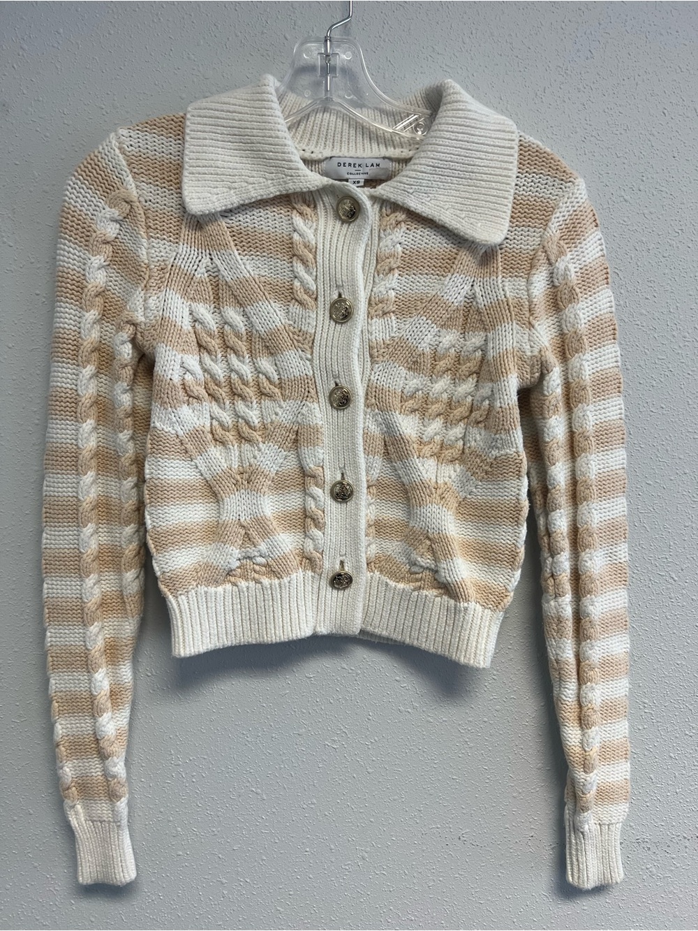 Derek Lam Striped Cream & Tan Cable-Knit Button Cardigan